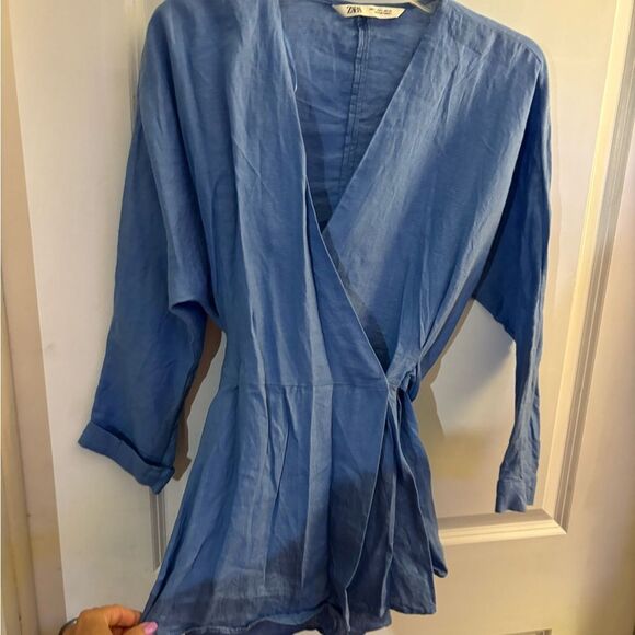Zara Linen Blue Wrap Top sz L - Picture 5 of 5